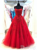 Red Spaghetti Back Crossed Straps Lace Appliqued A Line Long Prom Dress ARD2492-SheerGirl