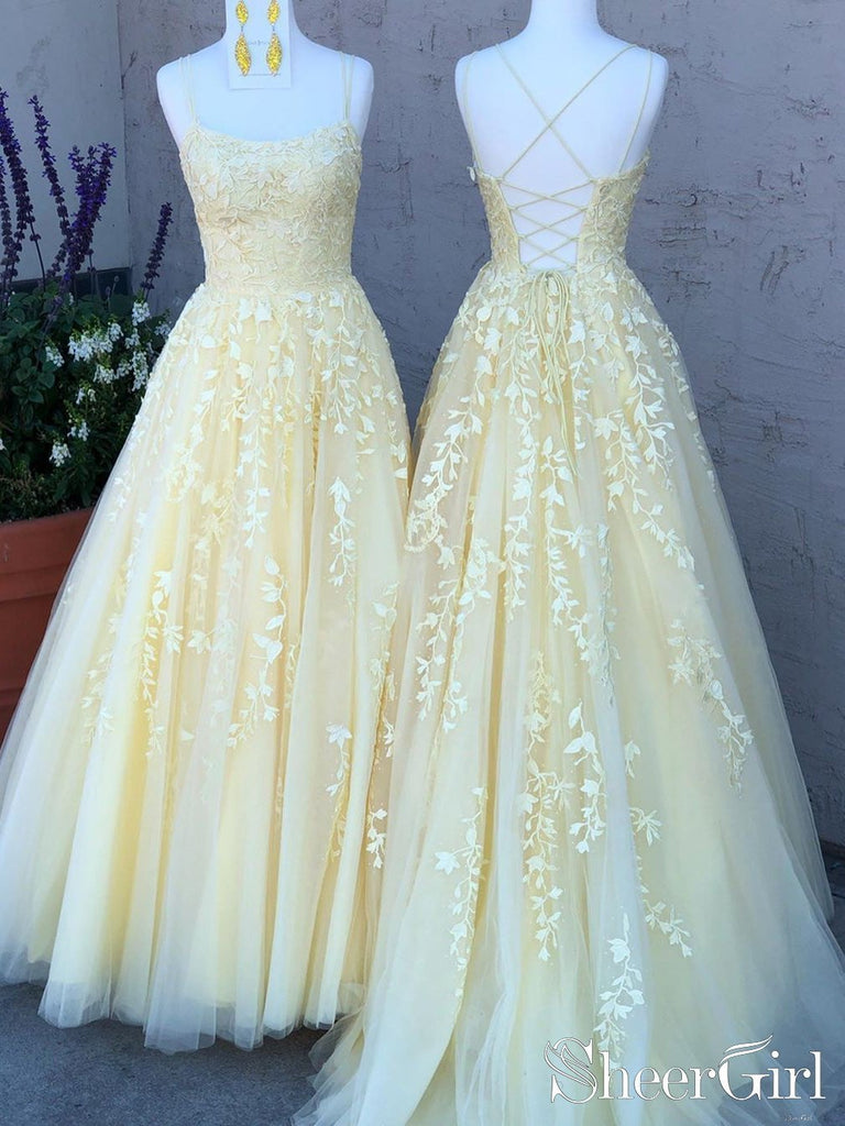 Red Spaghetti Back Crossed Straps Lace Appliqued A Line Long Prom Dress ARD2492-SheerGirl