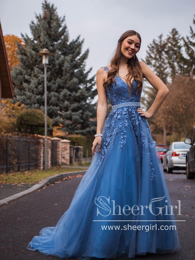 Regency Blue Appliqued V Neckline Rhinestone Sash Ball Gown Long Prom Dress ARD2872-SheerGirl