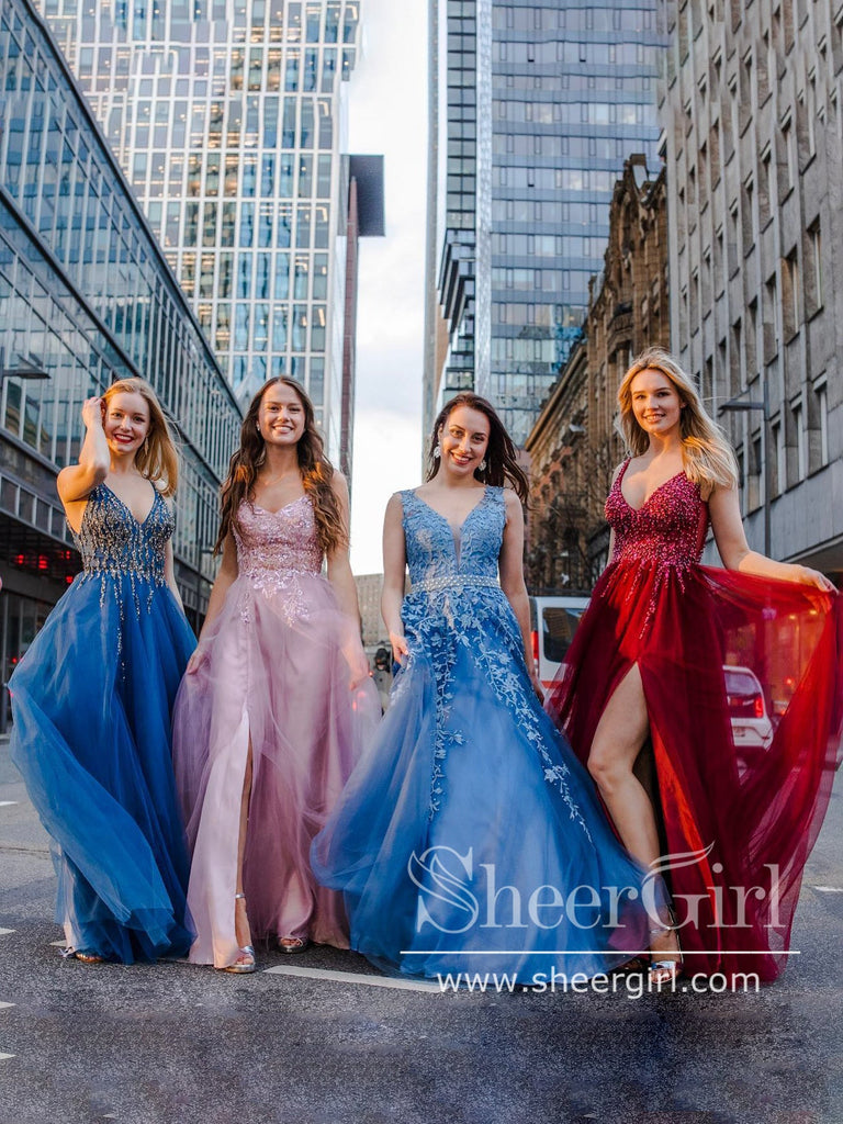 Regency Blue Appliqued V Neckline Rhinestone Sash Ball Gown Long Prom Dress ARD2872-SheerGirl