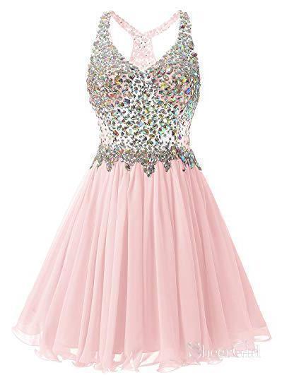 Rhinestone Beaded Pink Homecoming Dress Backless Chiffon Short Prom Dress ARD1571-SheerGirl