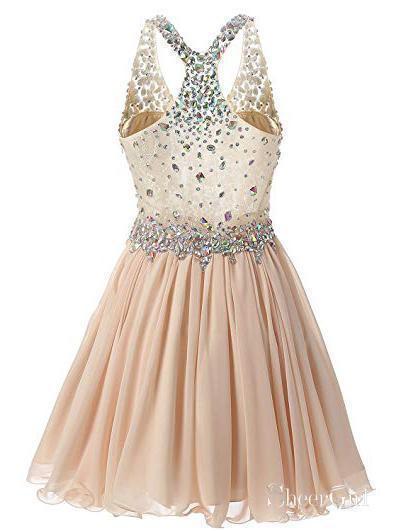Rhinestone Beaded Pink Homecoming Dress Backless Chiffon Short Prom Dress ARD1571-SheerGirl