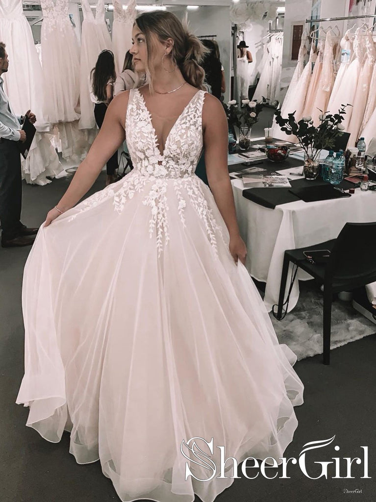 Romantic Deep V Neckline Foral Appliqued Ball Gown Bridal Gown Wedding Dress AWD1698-SheerGirl