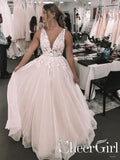 Romantic Deep V Neckline Foral Appliqued Ball Gown Bridal Gown Wedding Dress AWD1698-SheerGirl