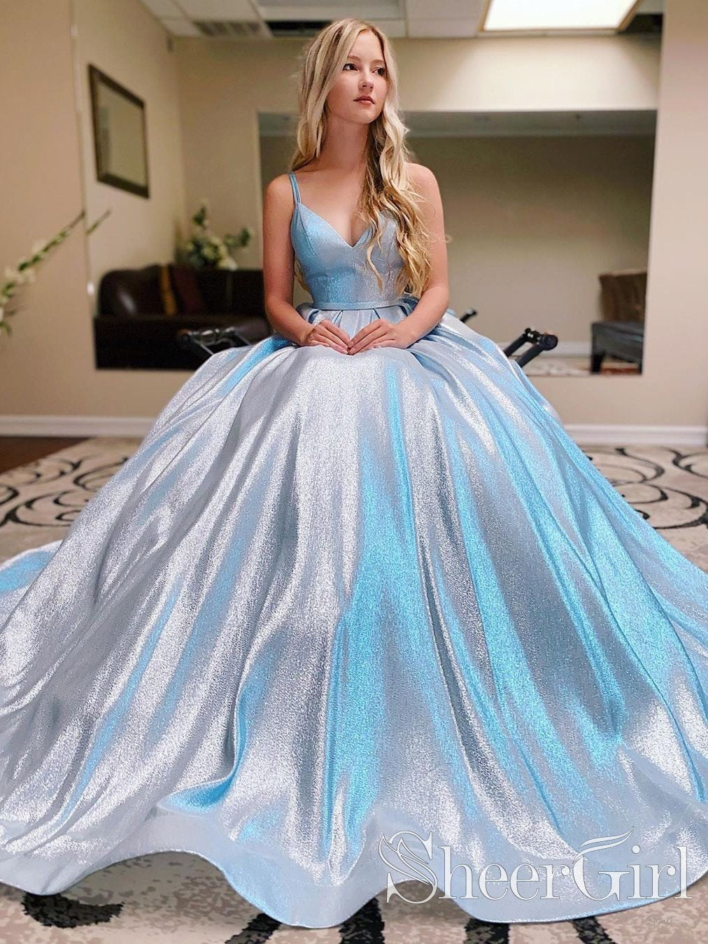 Romantic Millennial Light Gold Ball Gown Prom Gown Sparkly V Neck Party Dress ARD2520 Romantic Millennial Light Gold Ball Gown Prom Gown Sparkly V Neck Party Dress ARD2520