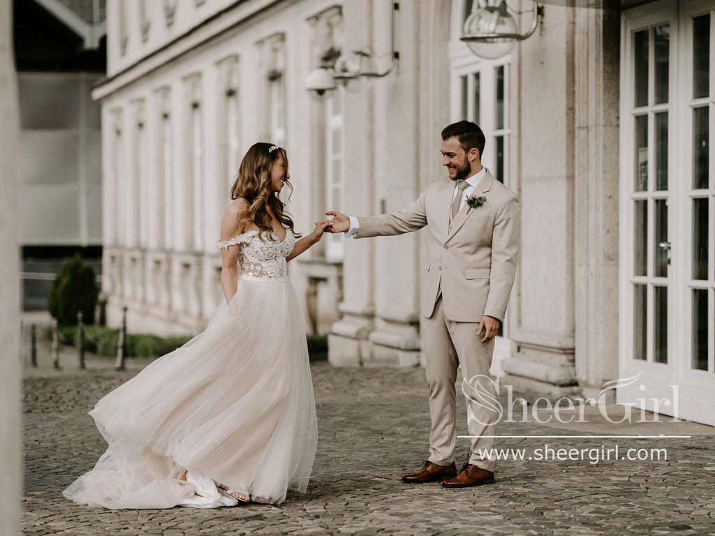 Romantic Tulle & Blossom Net A-line Gown with Lace Straps Sweep Train Wedding Dress AWD1800-SheerGirl