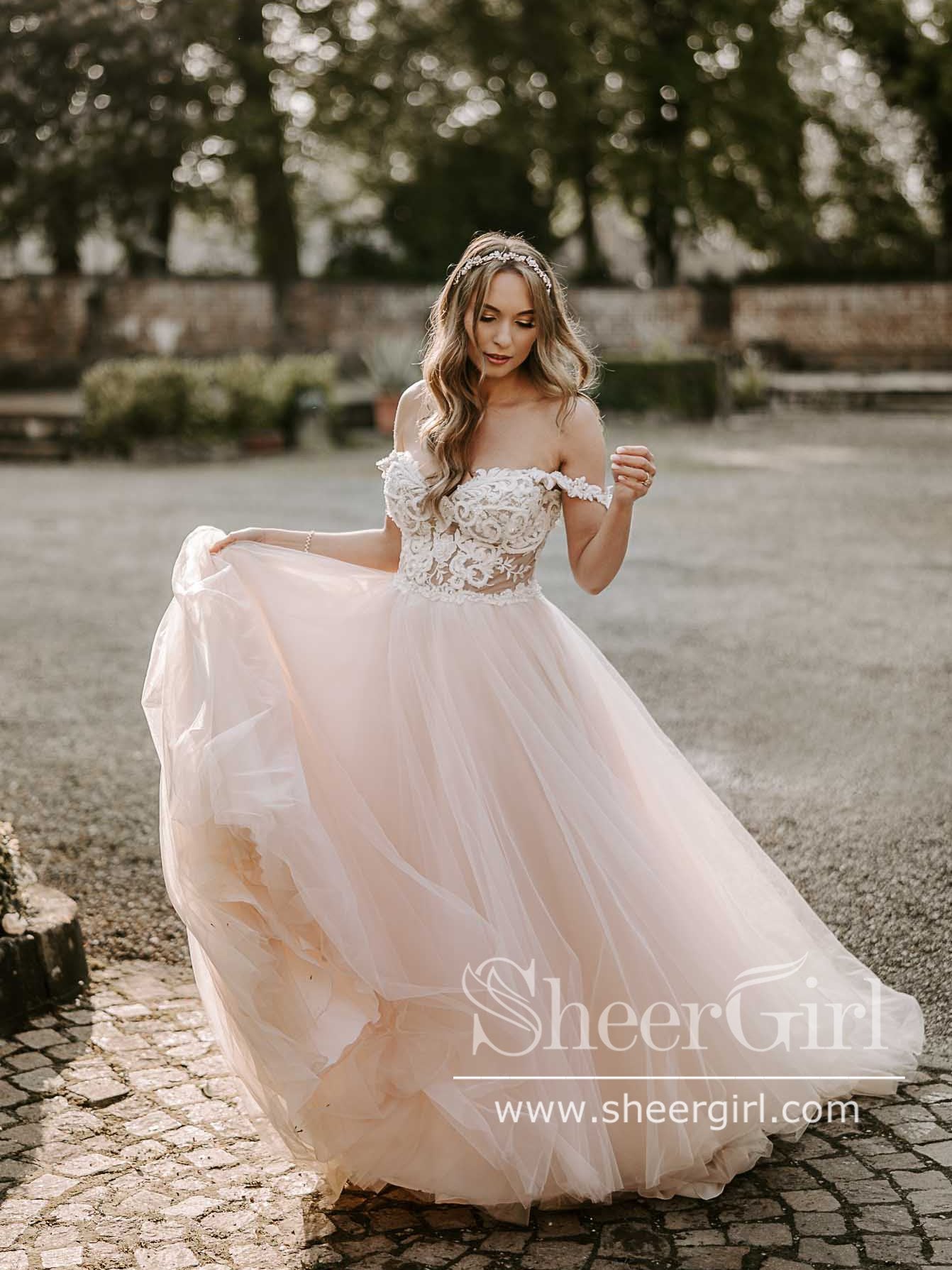 Romantic Tulle & Blossom Net A-line Gown with Lace Straps Sweep