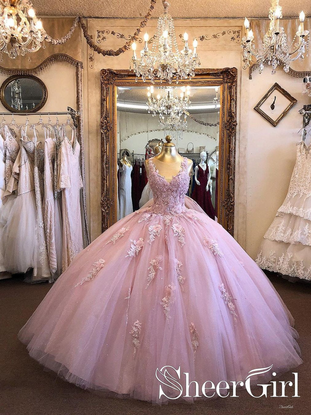 Rose Pink Sparkly Tulle Appliqued Bodice Illusion Neckline Ball Gown Prom Dresses ARD2504 Rose Pink Sparkly Tulle Appliqued Bodice Illusion Neckline Ball Gown Prom Dresses ARD2504