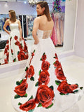 Rose Red Floral Long Prom Dresses with Pockets Strapless Prom Gown ARD1955-SheerGirl
