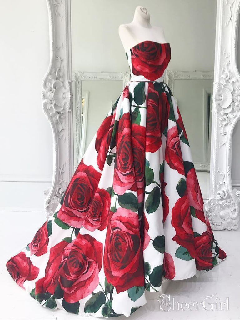 Rose Red Floral Long Prom Dresses with Pockets Strapless Prom Gown ARD1955-SheerGirl