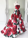 Rose Red Floral Long Prom Dresses with Pockets Strapless Prom Gown ARD1955-SheerGirl