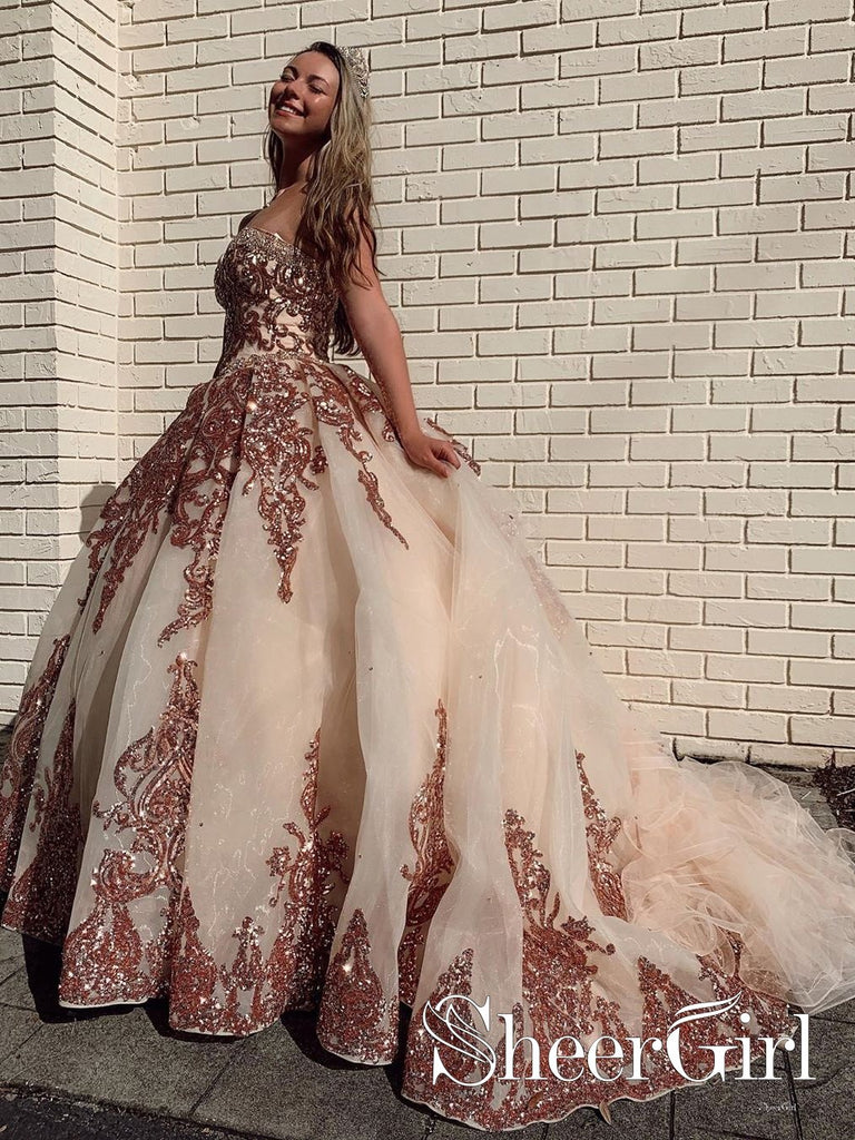 Rosewood Appliques Sweet Heart Neckline Ball Gown Quinceanera Dresses Prom Dresses ARD2505-SheerGirl