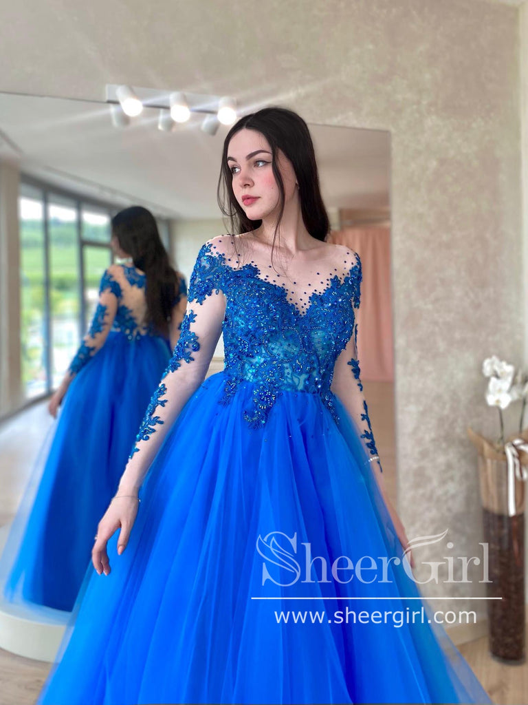 Royal Blue A Line Ball Gown Prom Dress Appliqued Long Sleeves Party Dress ARD2880-SheerGirl