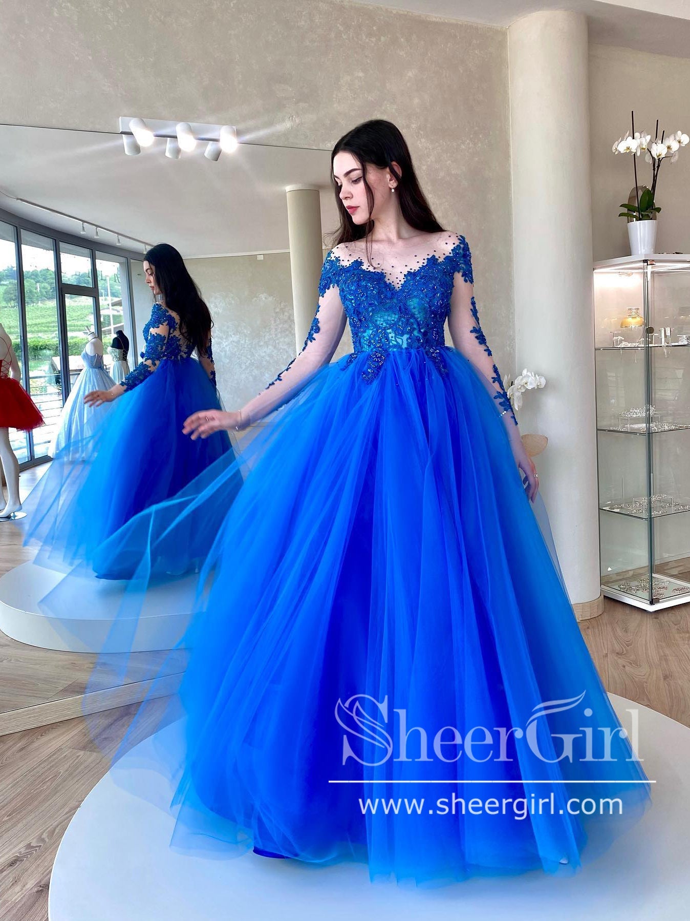 Royal Blue A Line Ball Gown Prom Dress Appliqued Long Sleeves Party Dress ARD2880 Royal Blue A Line Ball Gown Prom Dress Appliqued Long Sleeves Party Dress ARD2880