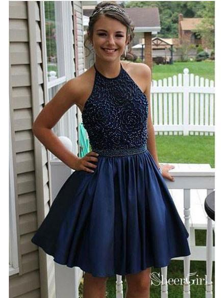 Navy Blue Dress Backless Halter Dress Royal Blue Taffeta Halter