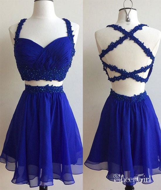 Royal Blue Chiffon 2 Pieces Homecoming Dresses Sexy Backless Short Prom Dresses,apd2496-SheerGirl