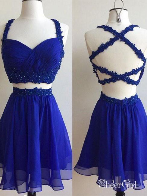 Royal Blue Chiffon 2 Pieces Homecoming Dresses Sexy Backless Short Prom Dresses,apd2496 Royal Blue Chiffon 2 Pieces Homecoming Dresses Sexy Backless