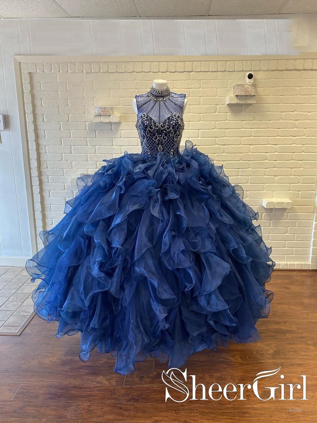 Royal Blue High Neckline Rhinestone Metallic Embroidery Ballgown Flounced Tulle Quinceanera Dress ARD2556 Royal Blue High Neckline Rhinestone Metallic Embroidery Ballgown Flounced Tulle Quinceanera Dress ARD2556