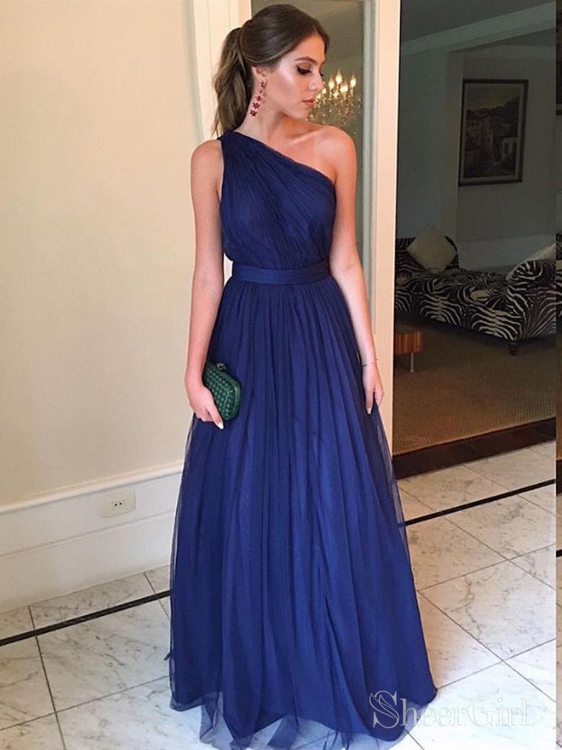 Navy Blue One Shoulder Bridesmaid Dress Lace Beads Bridesmaid One