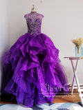 Royal Blue Organza High Neck Quinceanera Dresses Burgundy Prom Dresses APD2860-SheerGirl