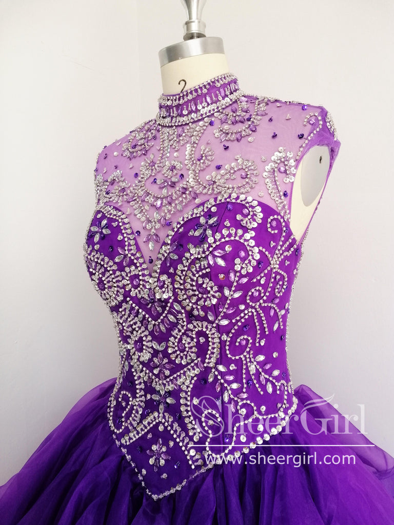 Royal Blue Organza High Neck Quinceanera Dresses Burgundy Prom Dresses APD2860-SheerGirl