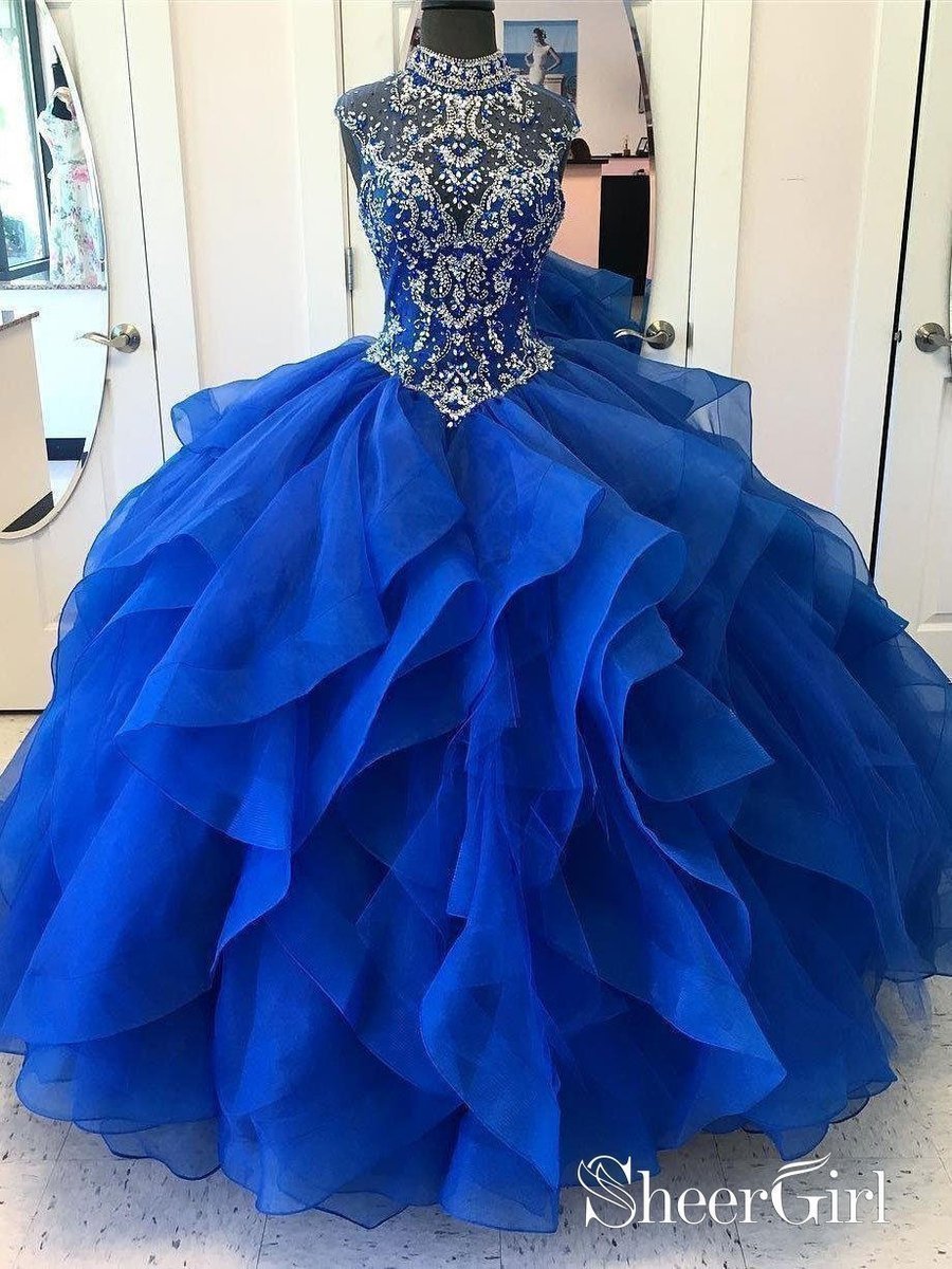 Ball Gown Elegant Royal Blue Puffy Prom Dresses Royal Blue Organza High Neck Quinceanera Dresses Burgundy Ball Gown Elegant Royal Blue Puffy Prom Dresses Royal Blue Organza High Neck Quinceanera Dresses Burgundy