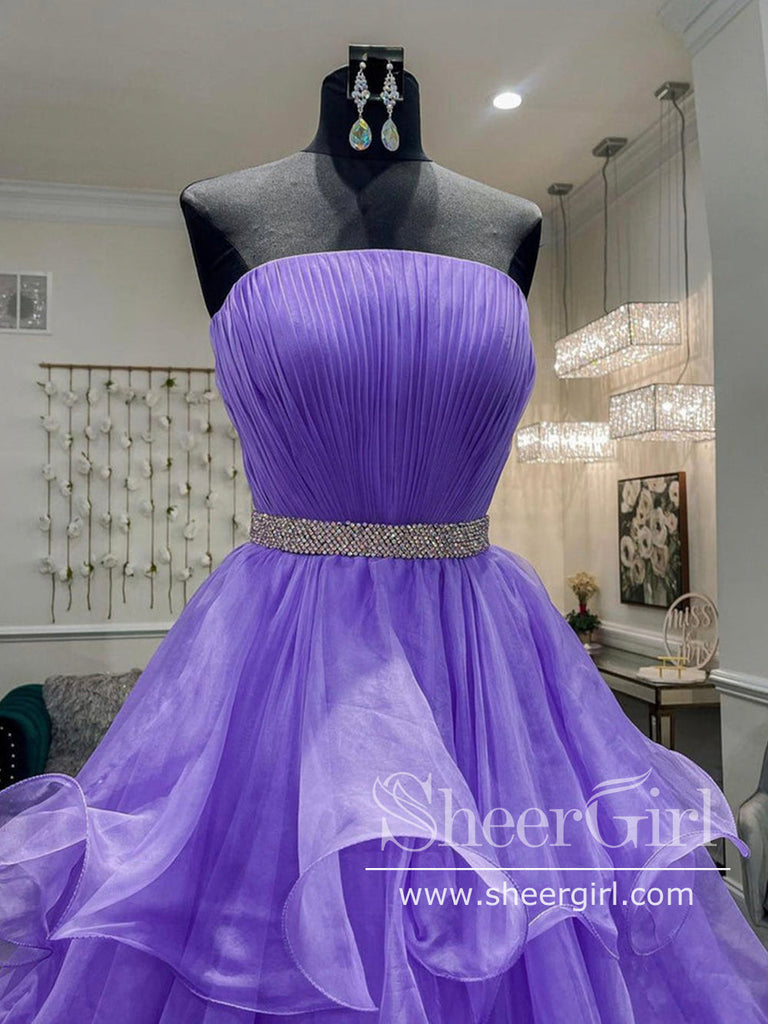 Ruffled Organza Ball Gown Pleated Bodice Long Prom Dress with Sweep Train ARD2681-SheerGirl