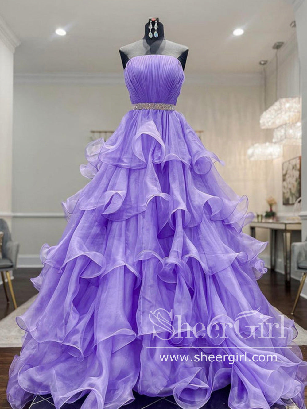 Ruffled Organza Ball Gown Pleated Bodice Long Prom Dress with Sweep Tr –  SheerGirl