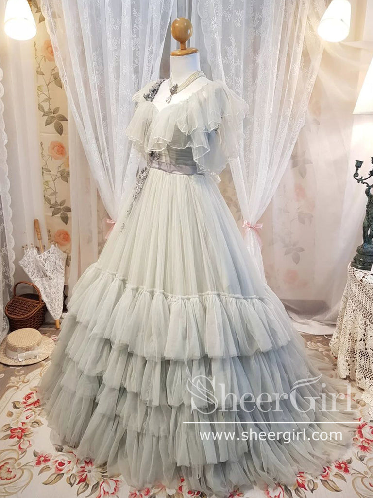 Ruffled Tulle Pleated Bodice Layered Cute Grey Ball Gown Prom Dress Wedding Dress AWD1941-SheerGirl