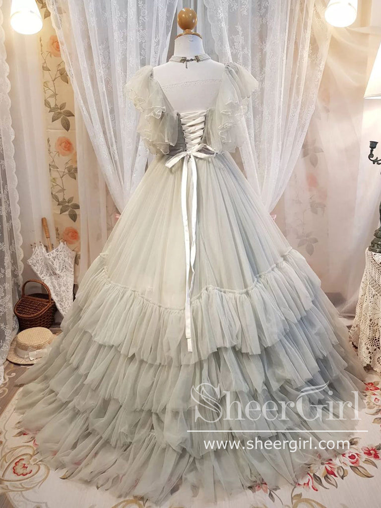 Ruffled Tulle Pleated Bodice Layered Cute Grey Ball Gown Prom Dress Wedding Dress AWD1941-SheerGirl