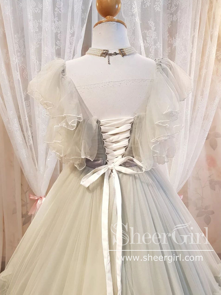 Ruffled Tulle Pleated Bodice Layered Cute Grey Ball Gown Prom Dress Wedding Dress AWD1941-SheerGirl
