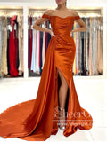 Rust Off the Shoulder Evening Dress Mermaid Satin Prom Dress with Flap ARD2869-SheerGirl