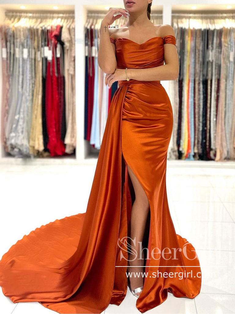 Rust Off the Shoulder Evening Dress Mermaid Satin Prom Dress with Flap ARD2869-SheerGirl