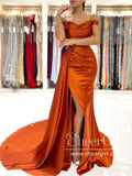 Rust Off the Shoulder Evening Dress Mermaid Satin Prom Dress with Flap ARD2869-SheerGirl