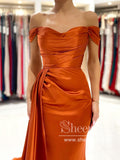 Rust Off the Shoulder Evening Dress Mermaid Satin Prom Dress with Flap ARD2869-SheerGirl