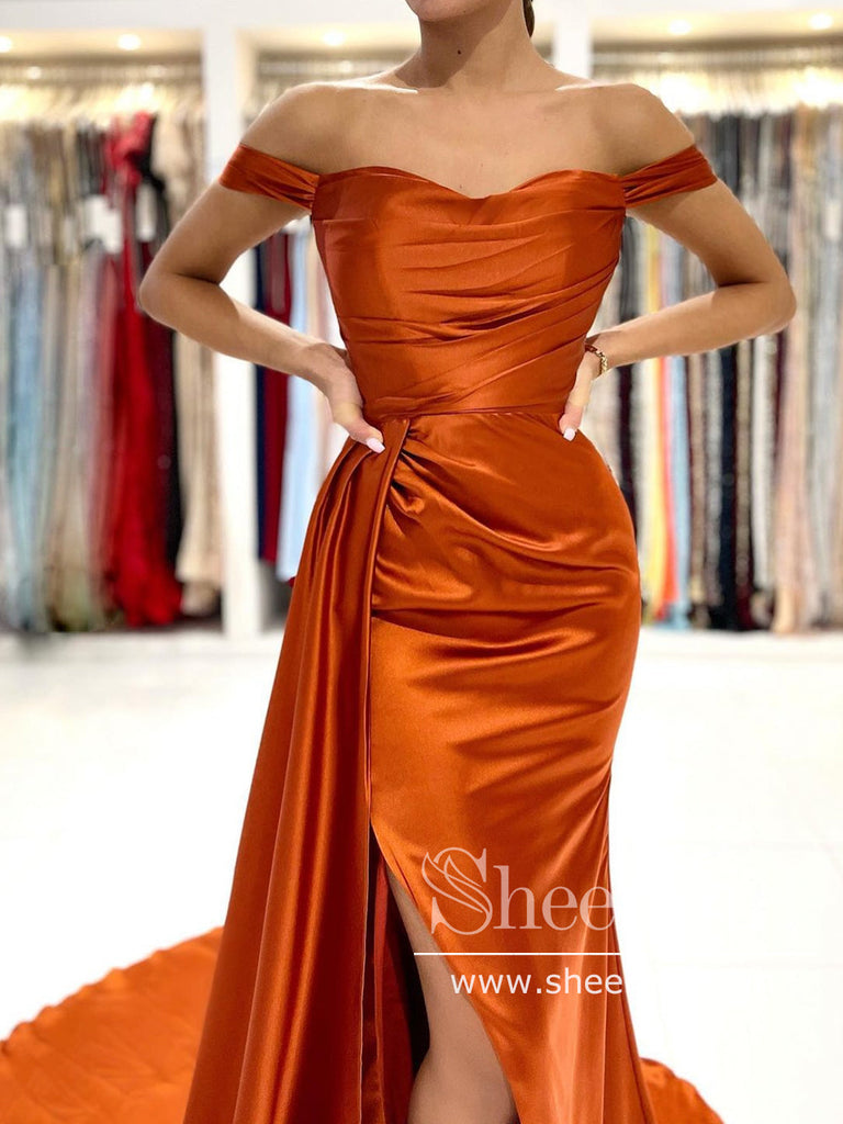 Rust Off the Shoulder Evening Dress Mermaid Satin Prom Dress with Flap ARD2869-SheerGirl