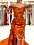 Rust Off the Shoulder Evening Dress Mermaid Satin Prom Dress with Flap ARD2869-SheerGirl