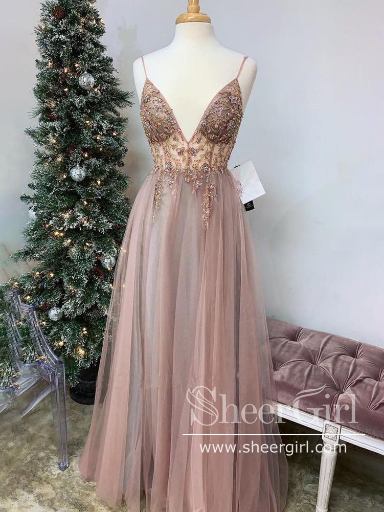 See Through Beaded Bodice A-Line Prom Dress with Thigh Split V Neck Long Evening Dress ARD2439
