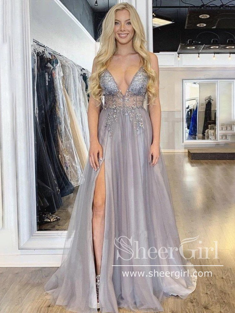 See Through Beaded Bodice A-Line Prom Dress with Thigh Split V Neck Long Evening Dress ARD2439 See Through Beaded Bodice A-Line Prom Dress with Thigh Split V Neck Long Evening Dress ARD2439