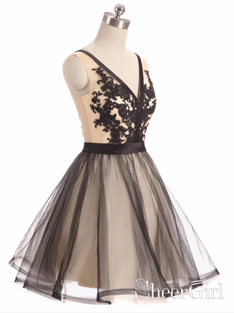 See Through Black Lace Short Dresses A Line V Neck Vintage Homecoming Dresses ARD2464-SheerGirl