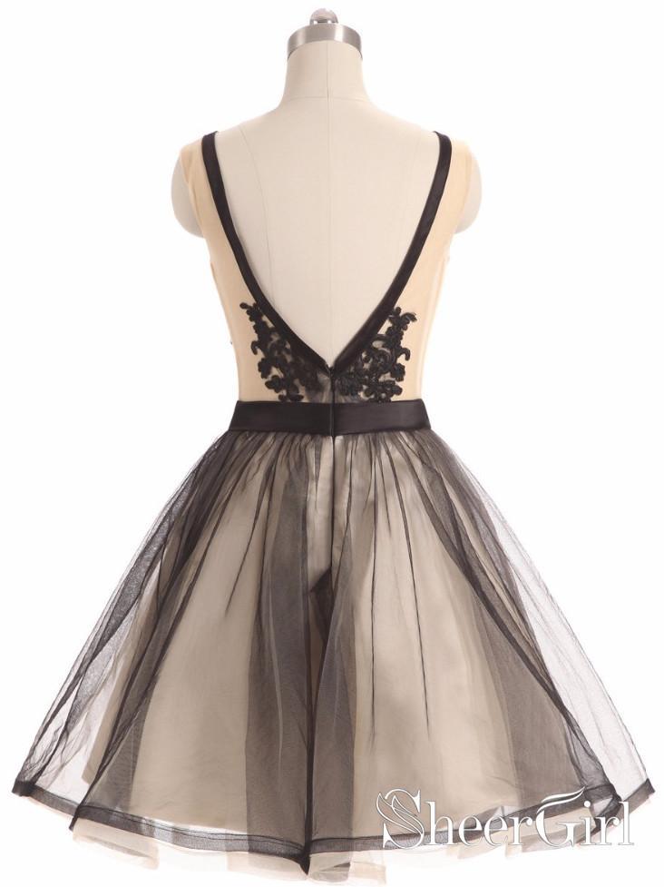 See Through Black Lace Short Dresses A Line V Neck Vintage Homecoming Dresses ARD2464-SheerGirl