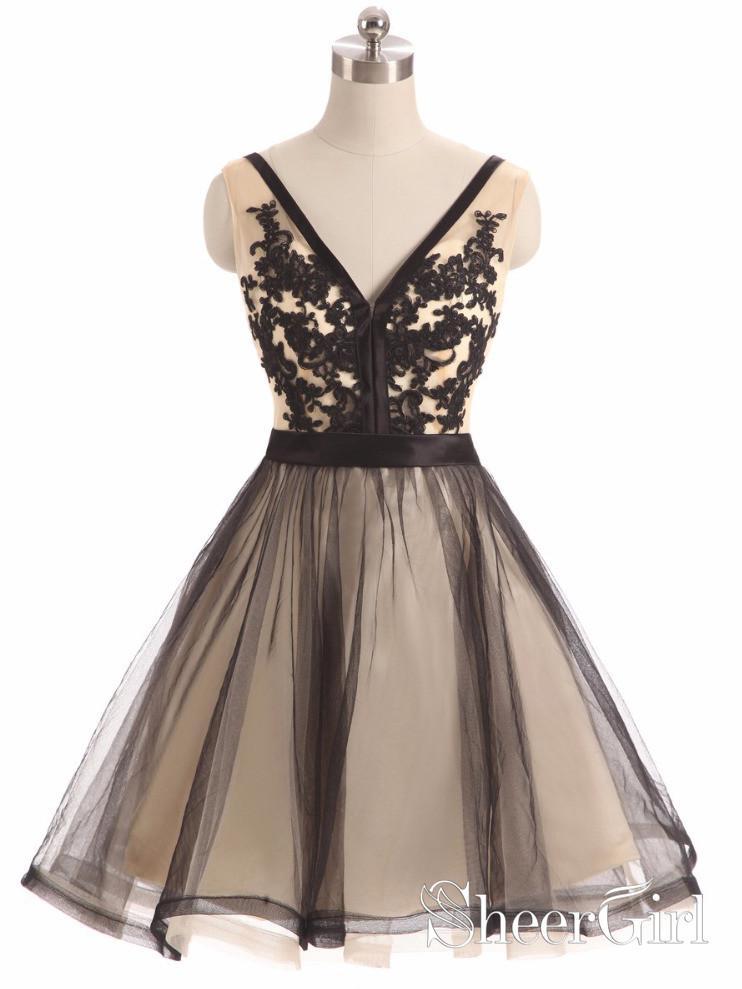 See Through Black Lace Short Dresses A Line V Neck Vintage Homecoming Dresses ARD2464 See Through Black Lace Short Dresses A Line V Neck Vintage Homecoming Dresses ARD2464