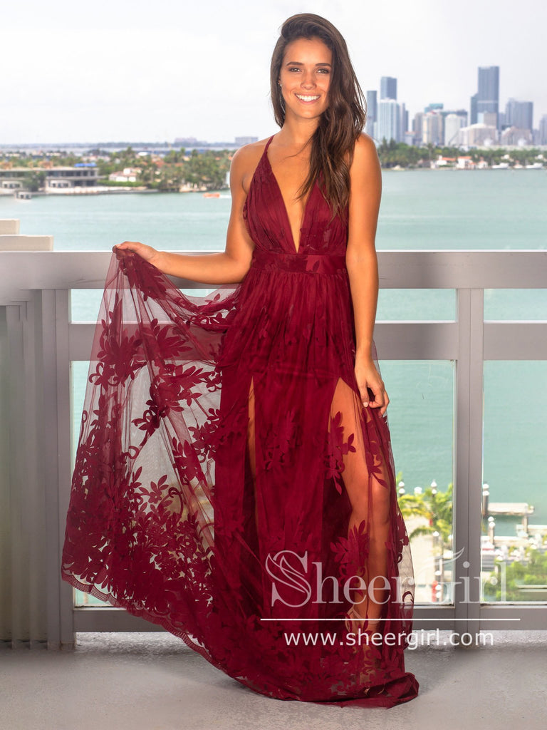 See Through Floral Lace V Neckline A Line Spaghetti Straps Floor Length Prom Dress ARD2577-SheerGirl