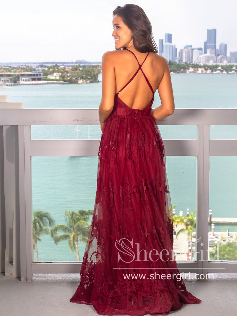 See Through Floral Lace V Neckline A Line Spaghetti Straps Floor Length Prom Dress ARD2577-SheerGirl