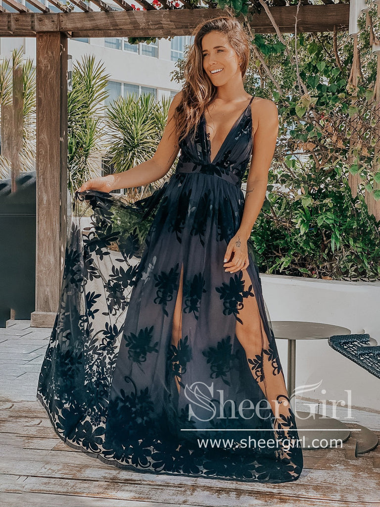 See Through Floral Lace V Neckline A Line Spaghetti Straps Floor Length Prom Dress ARD2577-SheerGirl