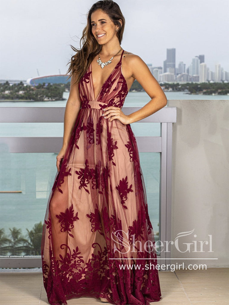 See Through Floral Lace V Neckline A Line Spaghetti Straps Floor Length Prom Dress ARD2577-SheerGirl