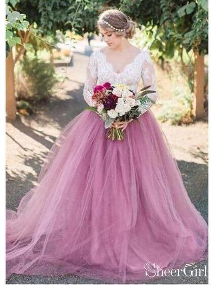 See Through Lace Long Sleeve Rustic Wedding Dresses Light Orchid Wedding Dress AWD1238