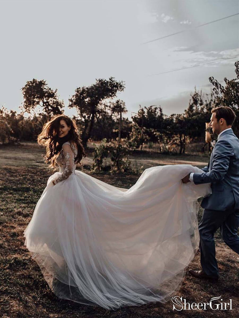 See Through Long Sleeve Boho Wedding Dresses Lace Applique Bridal Dress AWD1327-SheerGirl