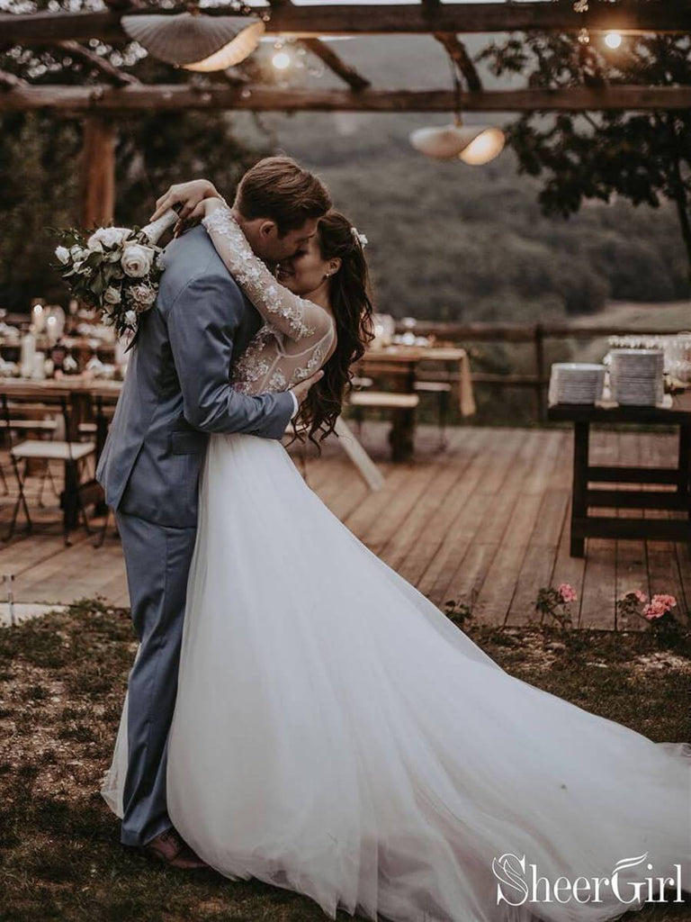 See Through Long Sleeve Boho Wedding Dresses Lace Applique Bridal Dress AWD1327-SheerGirl