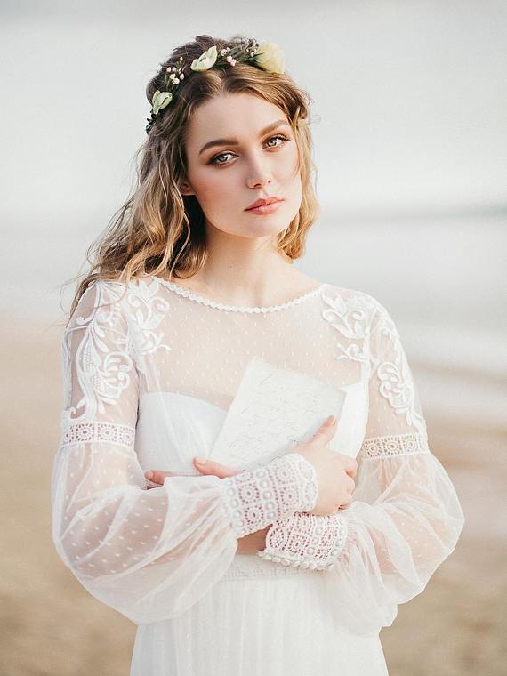 chinese dress ladies See Through Long Sleeve Lace Appliqued Ivory Beach Wedding Dresses AWD1195